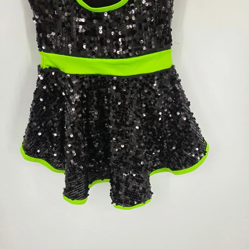 Weissman Black Neon Green Sequin Dance Costume Leotard Peplum MC Jazz Tap